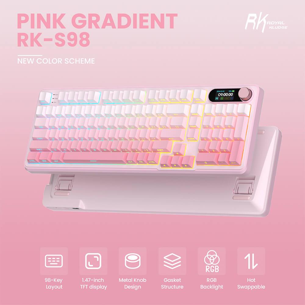 RK S98 Pink Edition mechanical keyboard with side-printed PBT keycaps