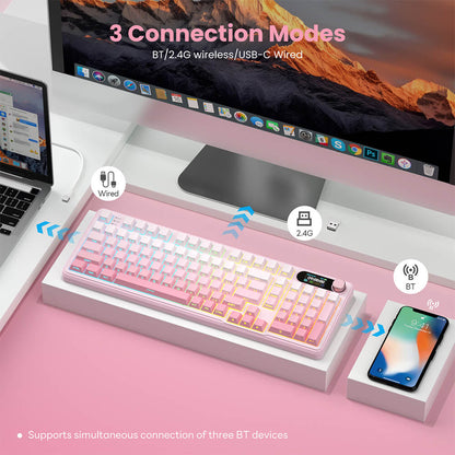 RK S98 Pink Edition tri-mode mechanical keyboard with wireless, Bluetooth, and wired connectivity