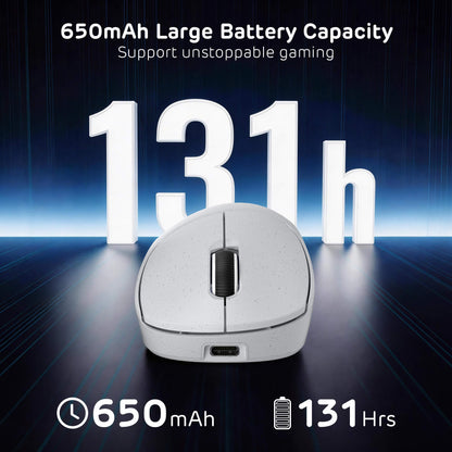 White computer mouse with battery capacity text on a dark background