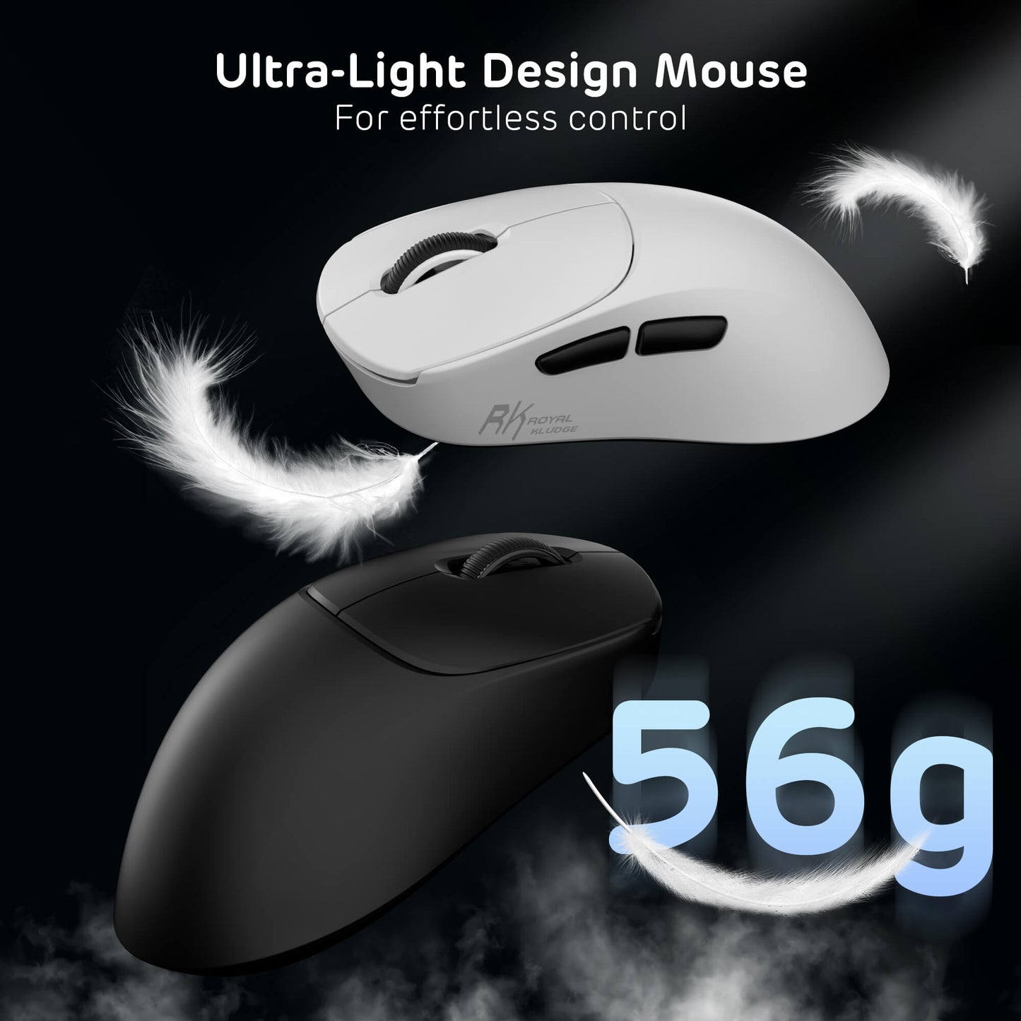 Two RK wireless computer mice with feather effects and text highlighting weight and design.