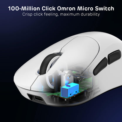White gaming mouse with transparent side panel showing internal components on a dark background.