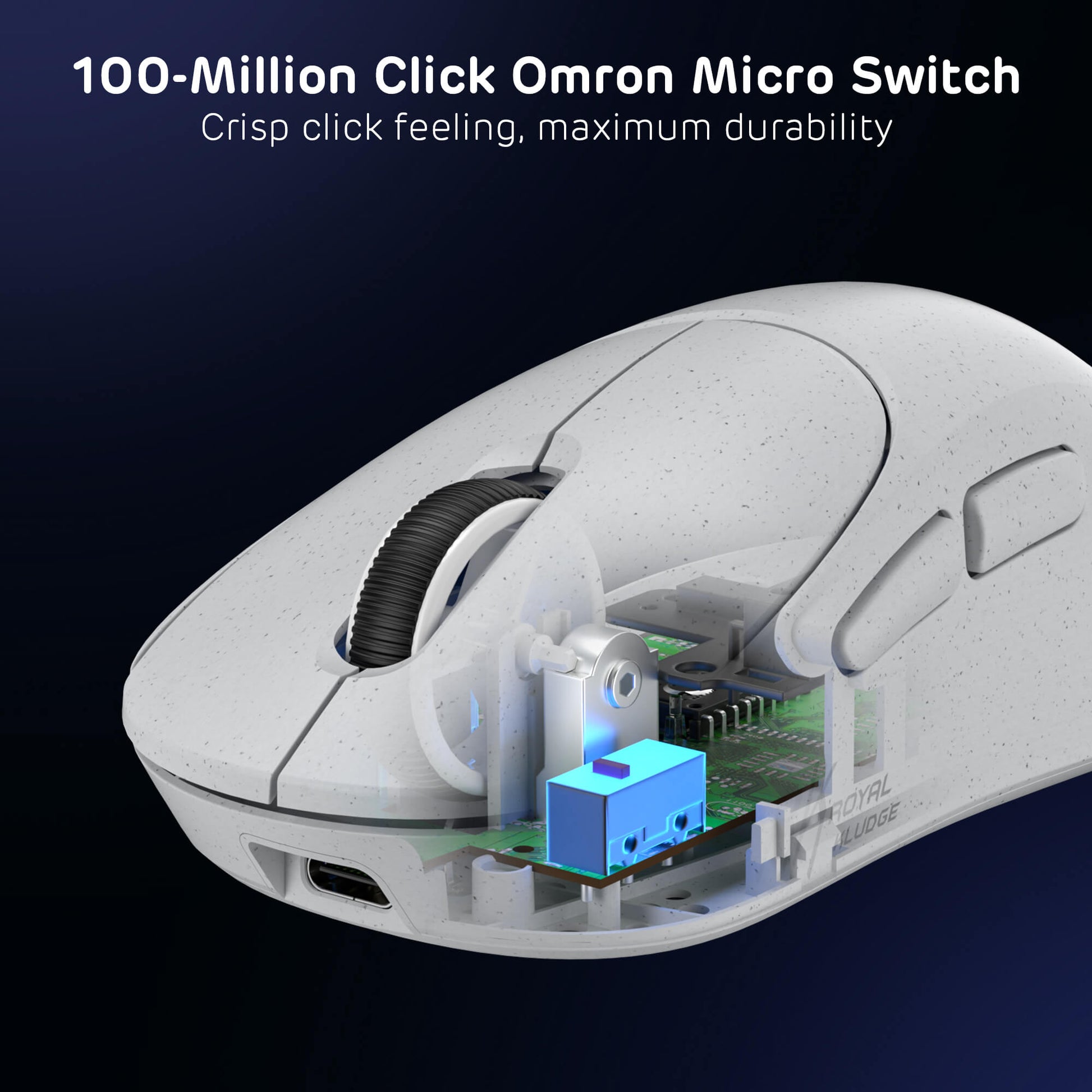 White mechanical gaming mouse with a cutaway revealing internal components on a dark background.