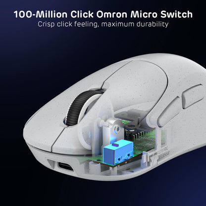 White mechanical gaming mouse with a cutaway revealing internal components on a dark background.