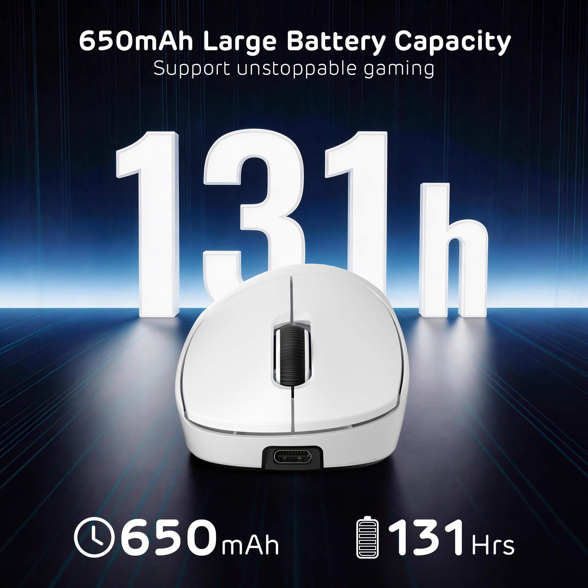 White gaming mouse with battery capacity text on a dark background