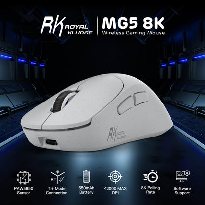 RK Royal Kludge MG5 8K wireless gaming mouse with specifications on a dark background