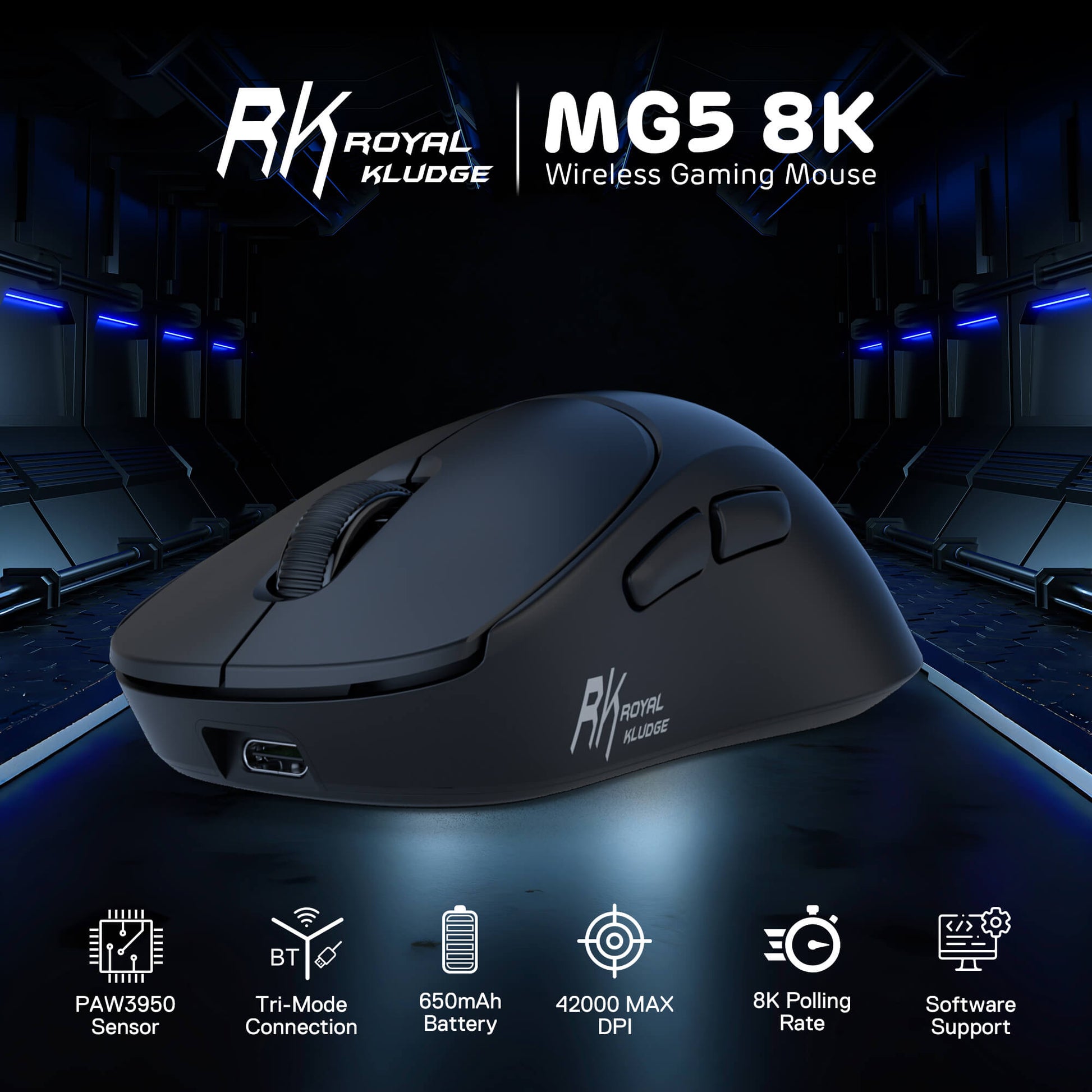 RK Royal Kludge MG5 8K wireless gaming mouse with specifications on a dark background