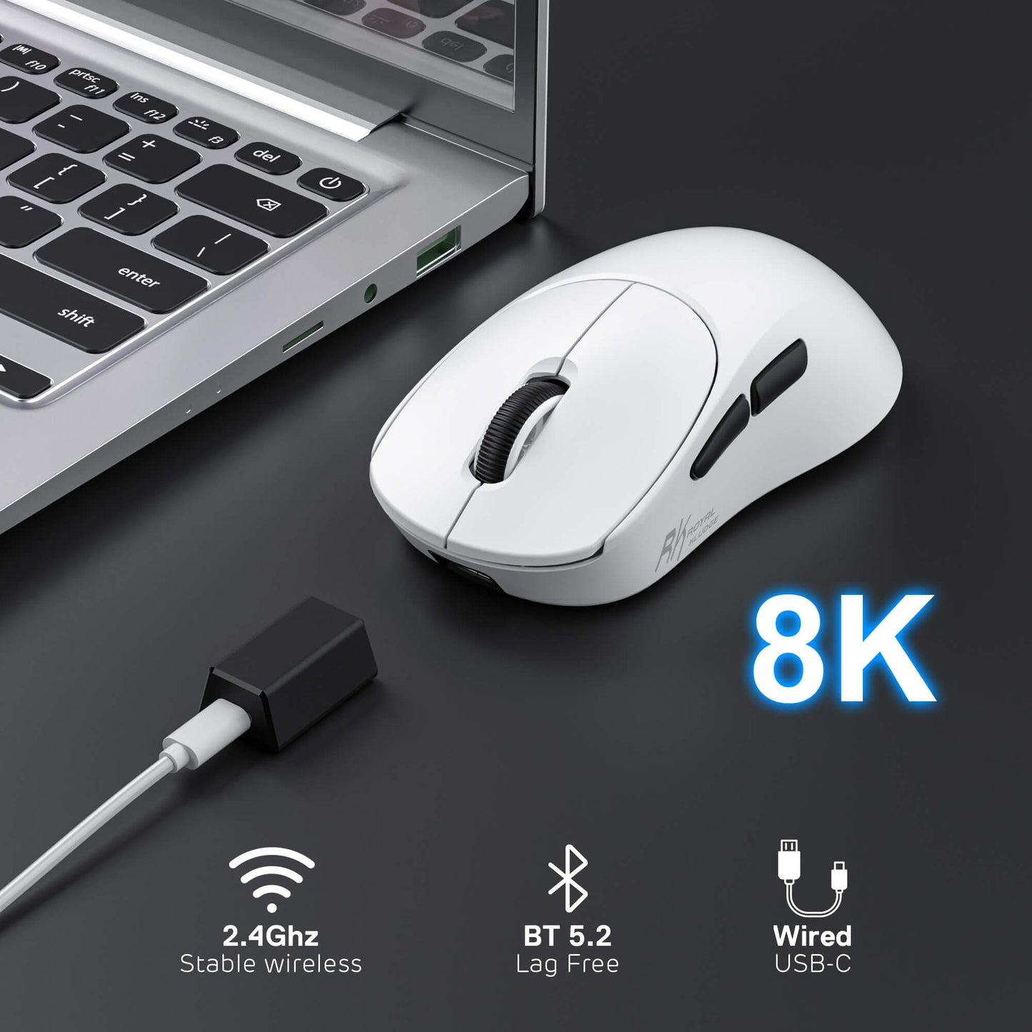 RK MG5 wireless white gaming mouse with 2.4GHz USB receiver on a dark surface, featuring 8K connectivity options.