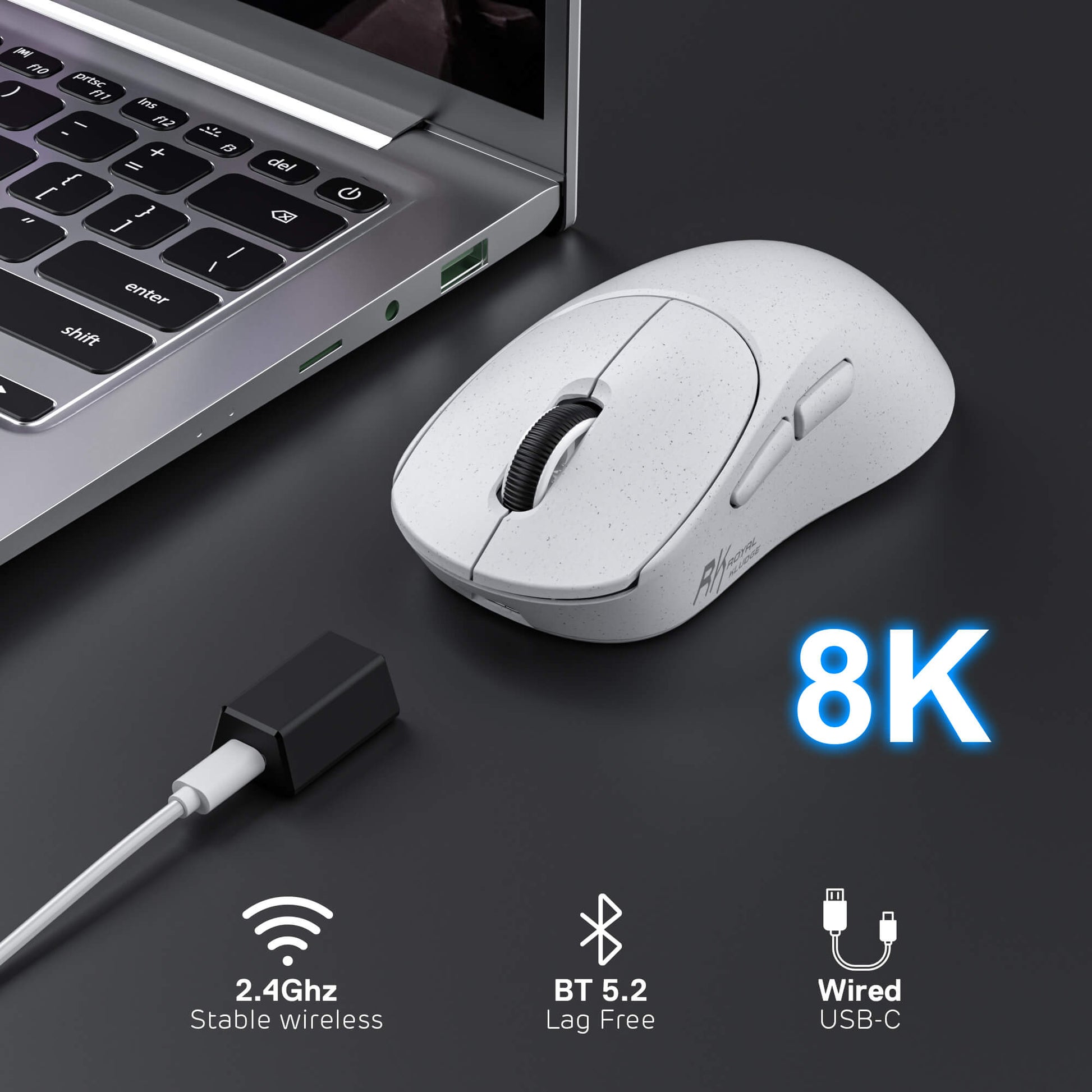 RK MG5 wireless gaming mouse with 2.4GHz USB receiver on a dark surface, featuring 8K connectivity options.