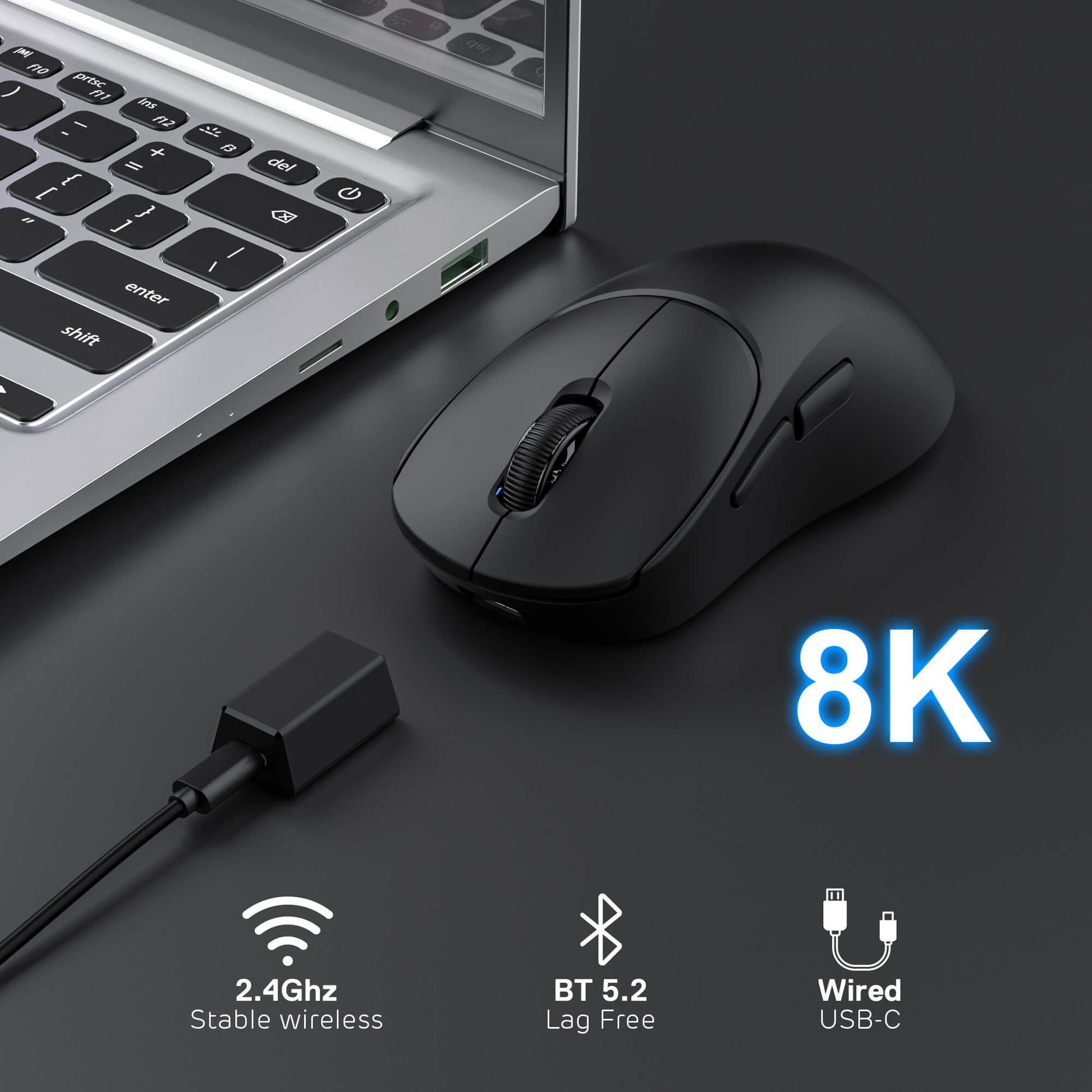 RK MG5 wireless gaming mouse with 2.4GHz USB receiver on a dark surface, featuring 8K connectivity options.