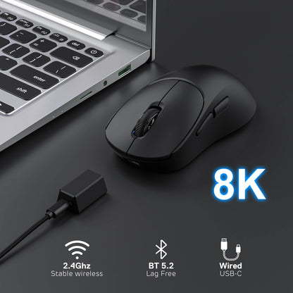 RK MG5 wireless gaming mouse with 2.4GHz USB receiver on a dark surface, featuring 8K connectivity options.