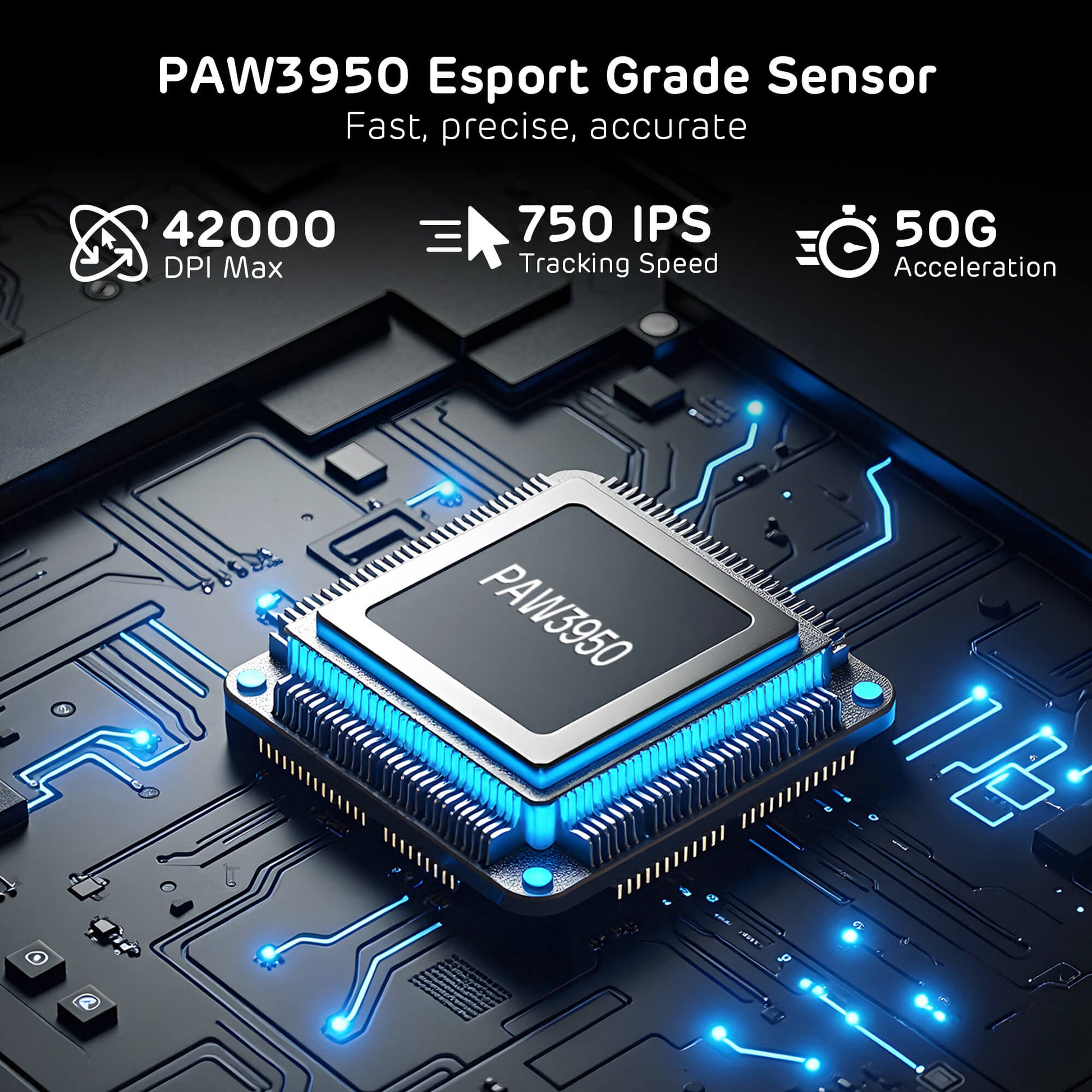 PAW3950 Esport Grade Sensor on a circuit board with specifications displayed.