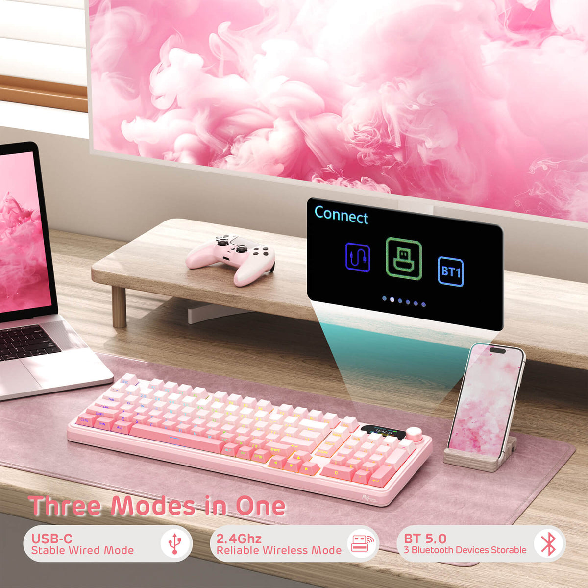 RK S98 Pink Edition keyboard with Bluetooth, 2.4GHz wireless, and USB-C connectivity.