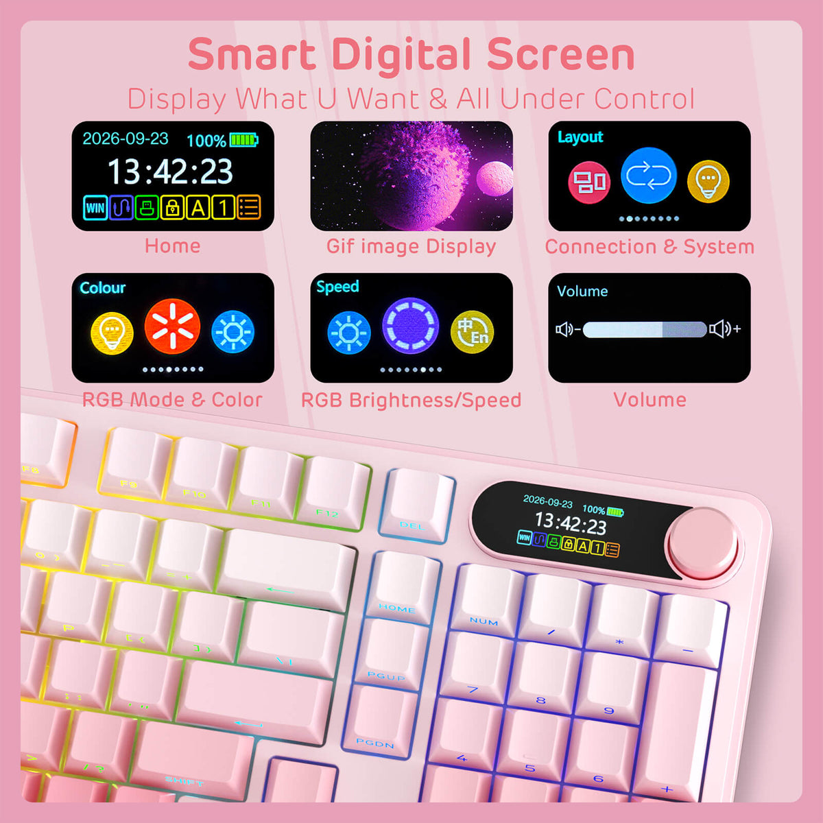 Close-up of the RK S98 Pink Edition's 1.47-inch TFT display.