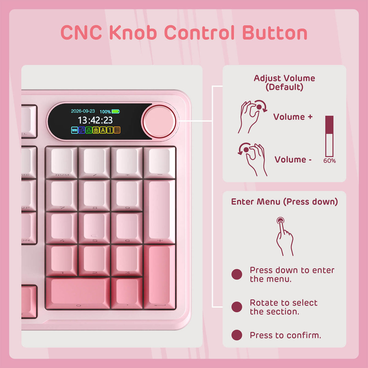 Close-up of the RK S98 Pink Edition's aluminum control knob.