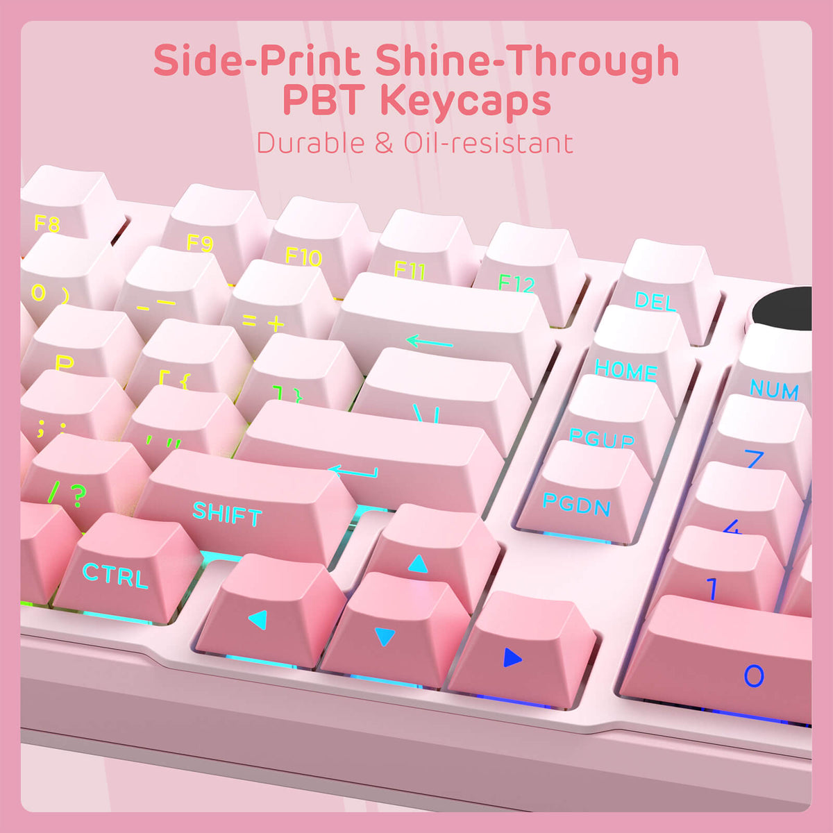 Angled view of the RK S98 Pink Edition mechanical keyboard with pink gradient keycaps.