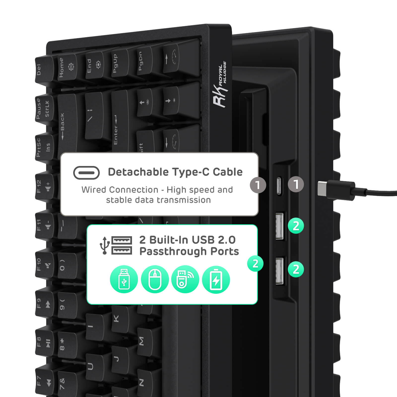 RK84 75% keyboard featuring a detachable Type-C cable for wired connections, highlighting high-speed and stable data transmission, along with two built-in USB 2.0 passthrough ports for easy connectivity