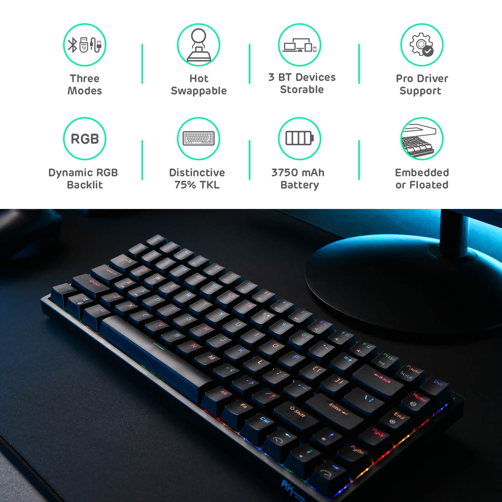 Overview of RK84 75 percent Black keyboard features including three modes, hot-swappable keys, storage for three Bluetooth devices, pro driver support, dynamic RGB backlighting, distinctive 75% TKL layout, 3750 mAh battery, and options for embedded or floated keycaps