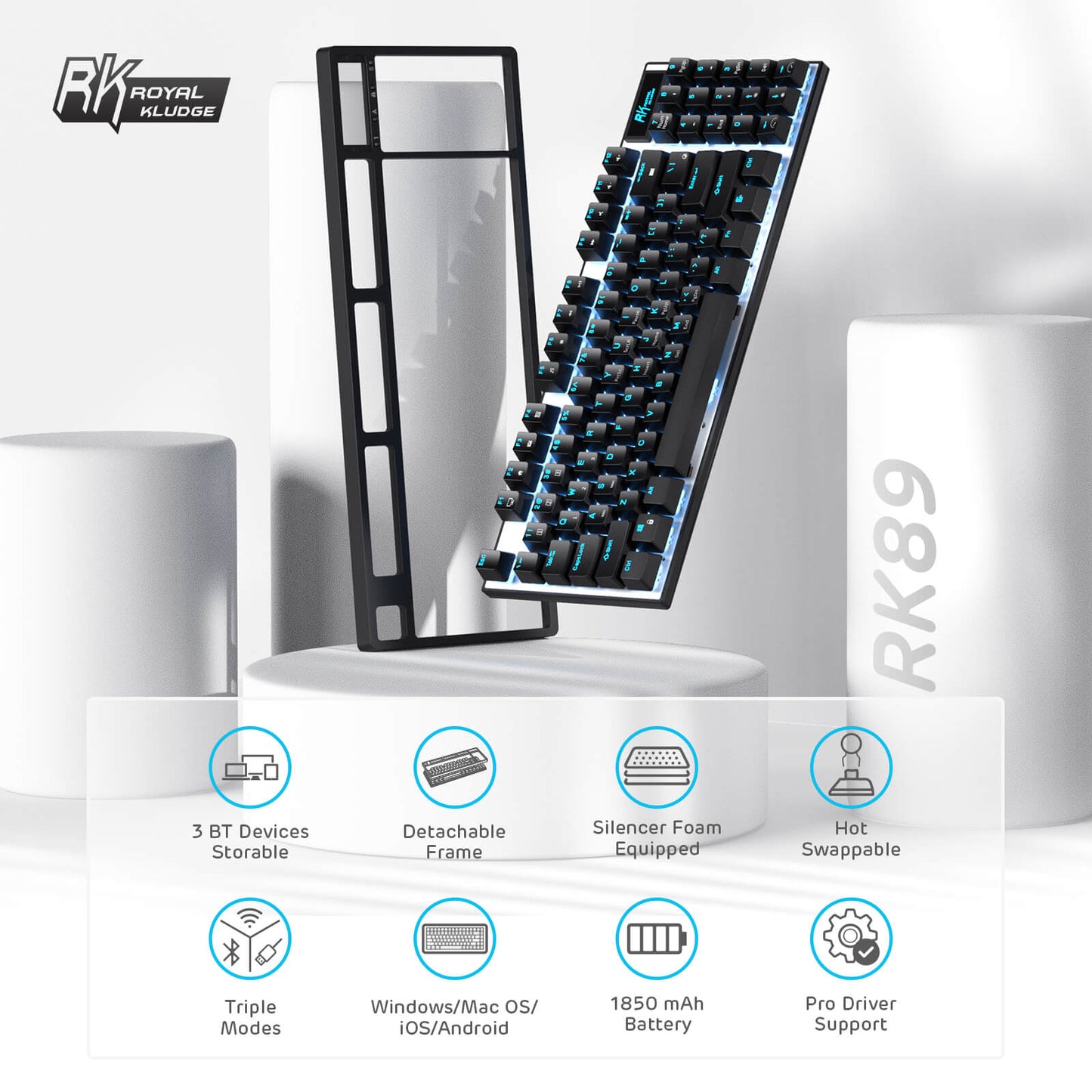 RK ROYAL KLUDGE RK89 85% Triple Mode BT5.0/2.4G/USB-C Hot Swappable Mechanical Keyboard, 89 Keys Compact Mechanical Keyboard