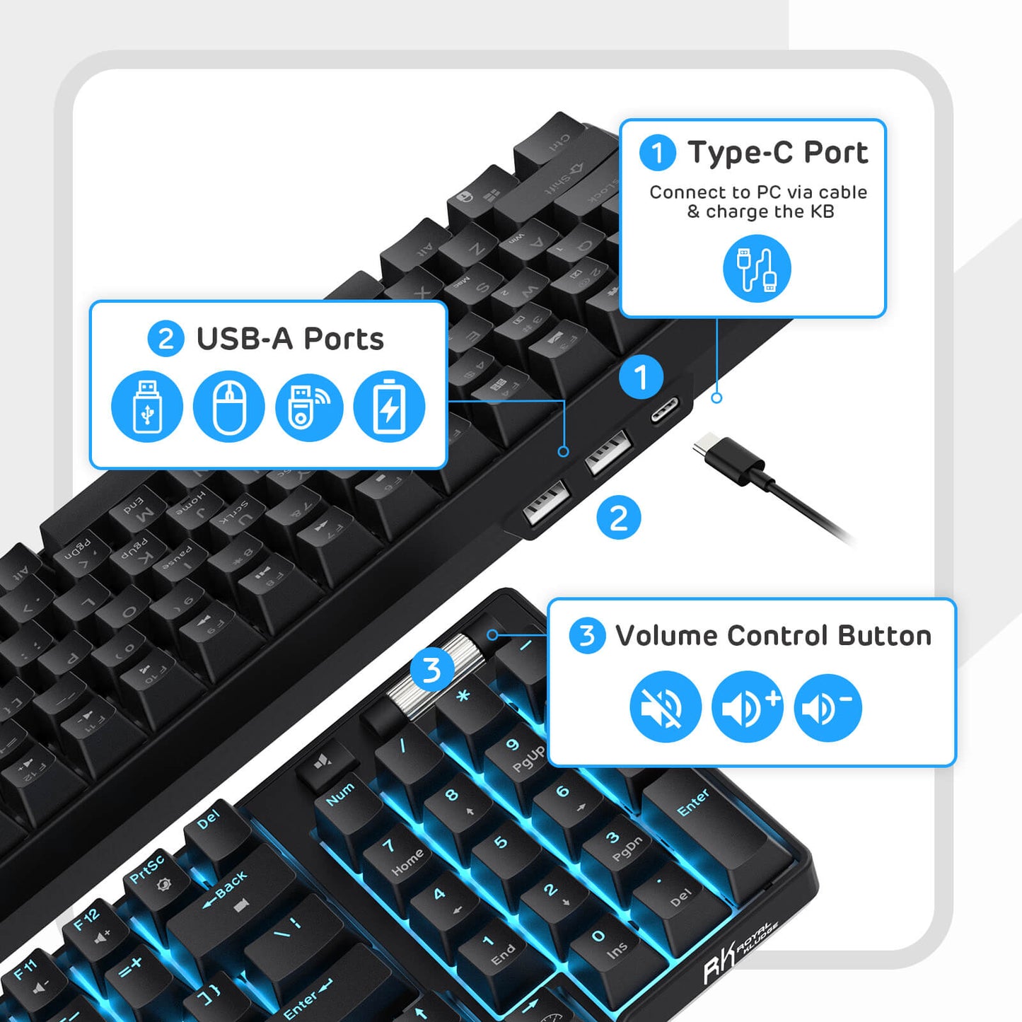 Back View of RK96 96-Key Mechanical Keyboard Showcasing USB-C Charging Port and Detachable Wrist Rest