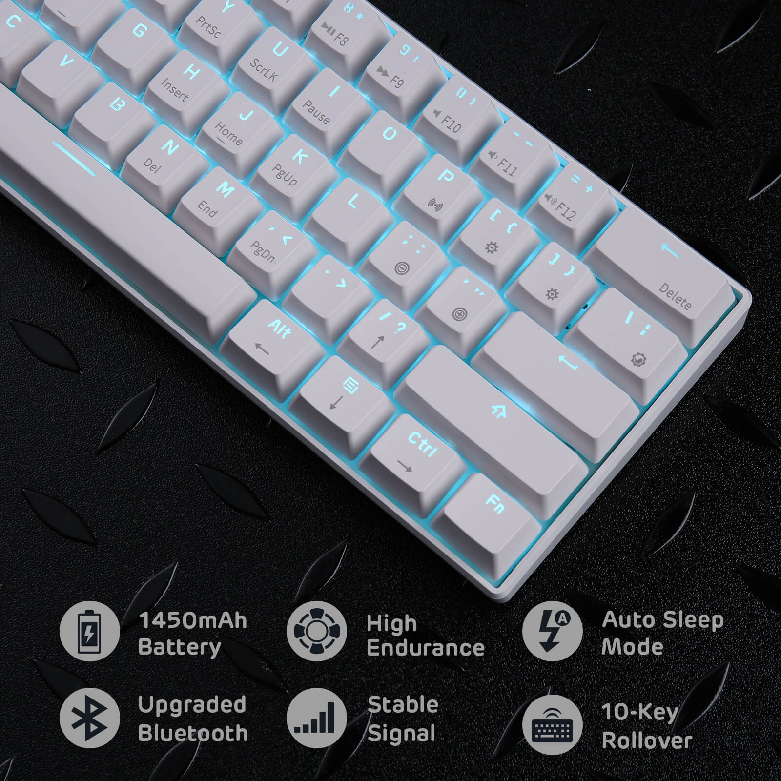 RK61 Red Switch Mechanical Keyboard, 60% Compact, highlighting features like a 1450mAh battery, upgraded Bluetooth, auto sleep mode, stable signal, high endurance, and 10-key rollover.