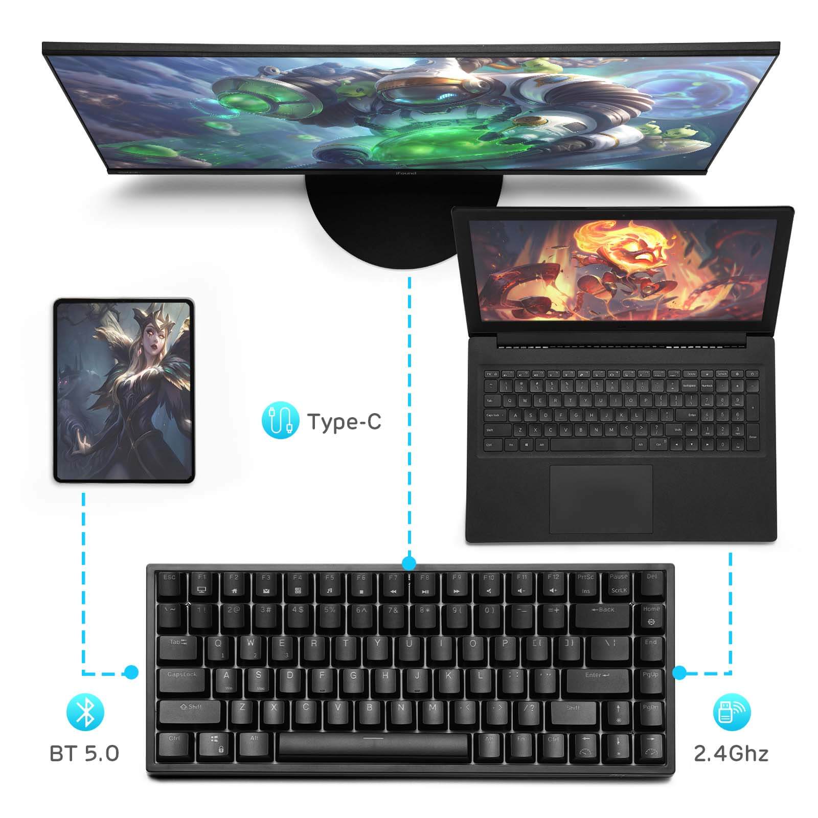 RK84 Blue backlit mechanical gaming keyboard  Triple Mode BT5.0/2.4G/USB-C 