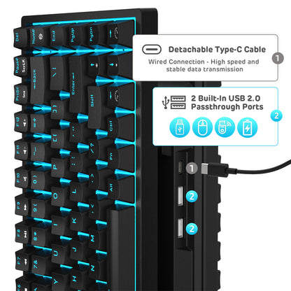 RK84 Blue backlit mechanical gaming keyboard with  2 built-in USB pass-through ports and 1 Type-C Port