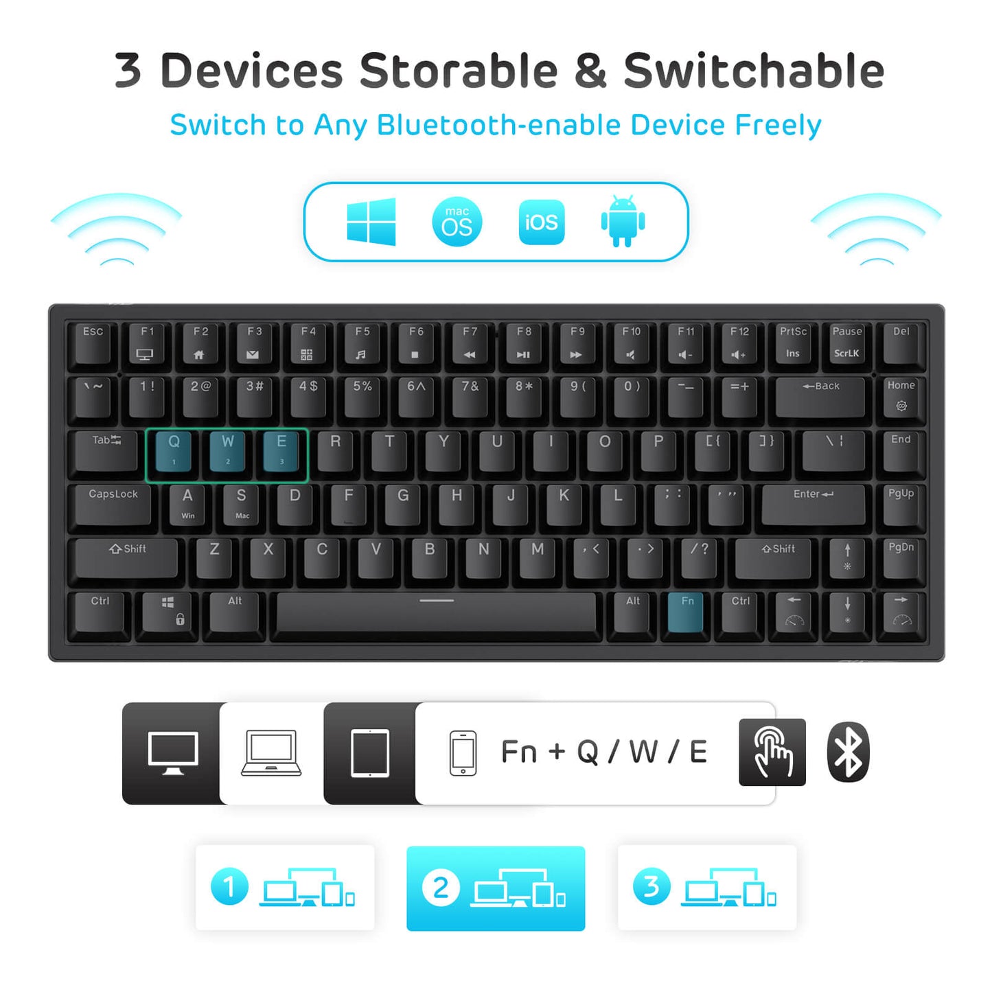 RK84 Blue backlit mechanical gaming keyboard 3 devices storable switchable