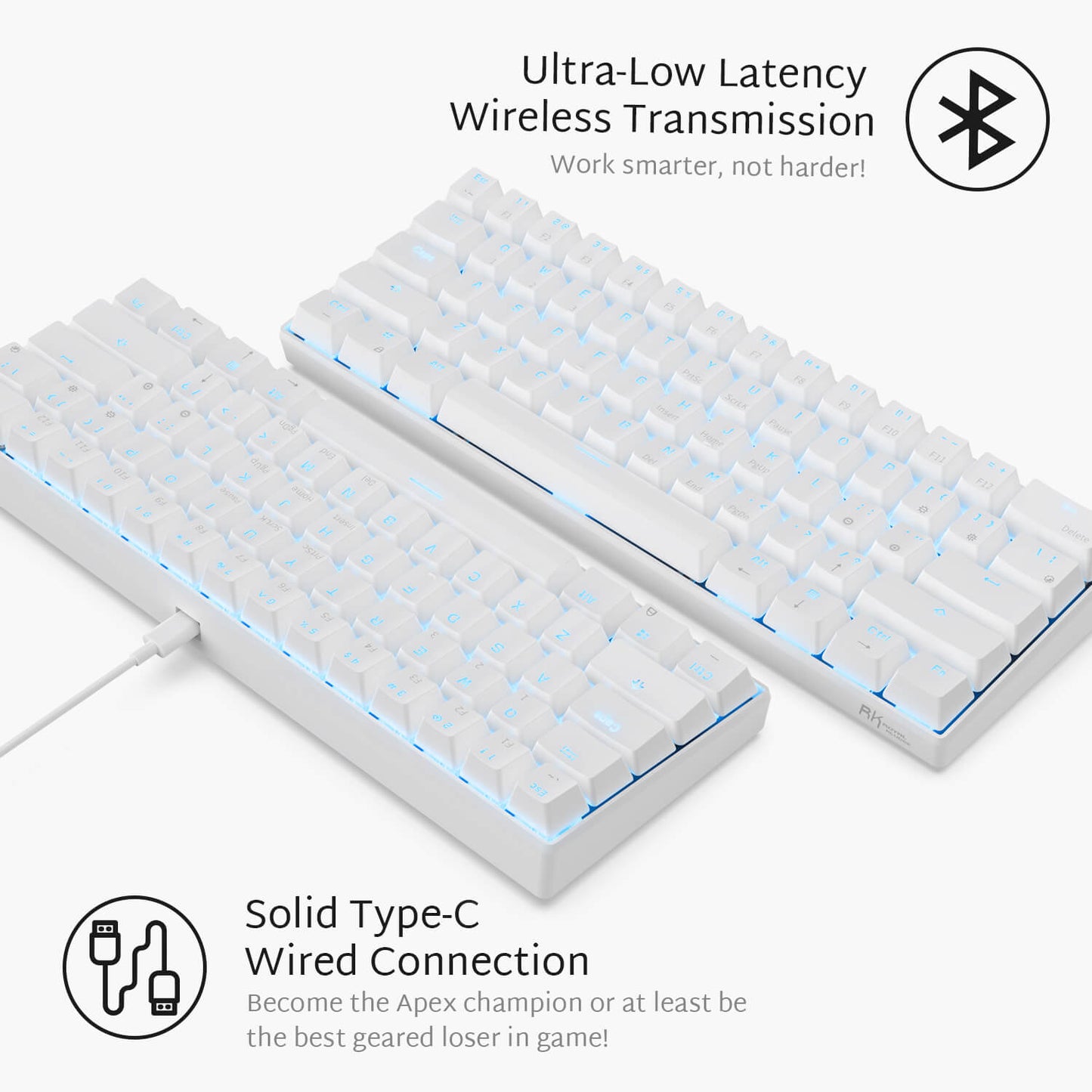 Royal Kludge White RK61 Gaming keyboard highlighting ultra-low latency wireless transmission and solid Type-C wired connection, designed for optimal gaming performance