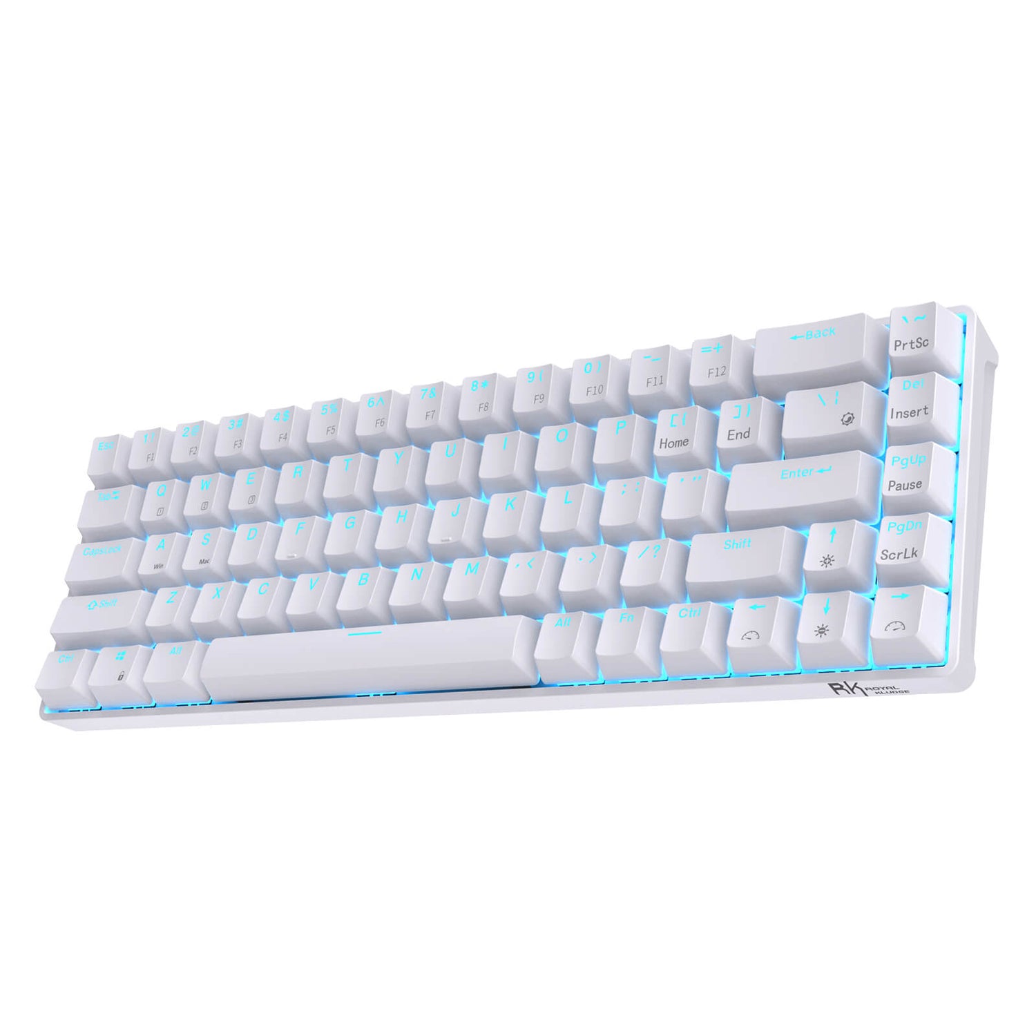 RK68 65% Wireless Mechanical Keyboard in White with Blue LED Backlight, featuring compact design with arrow and control keys