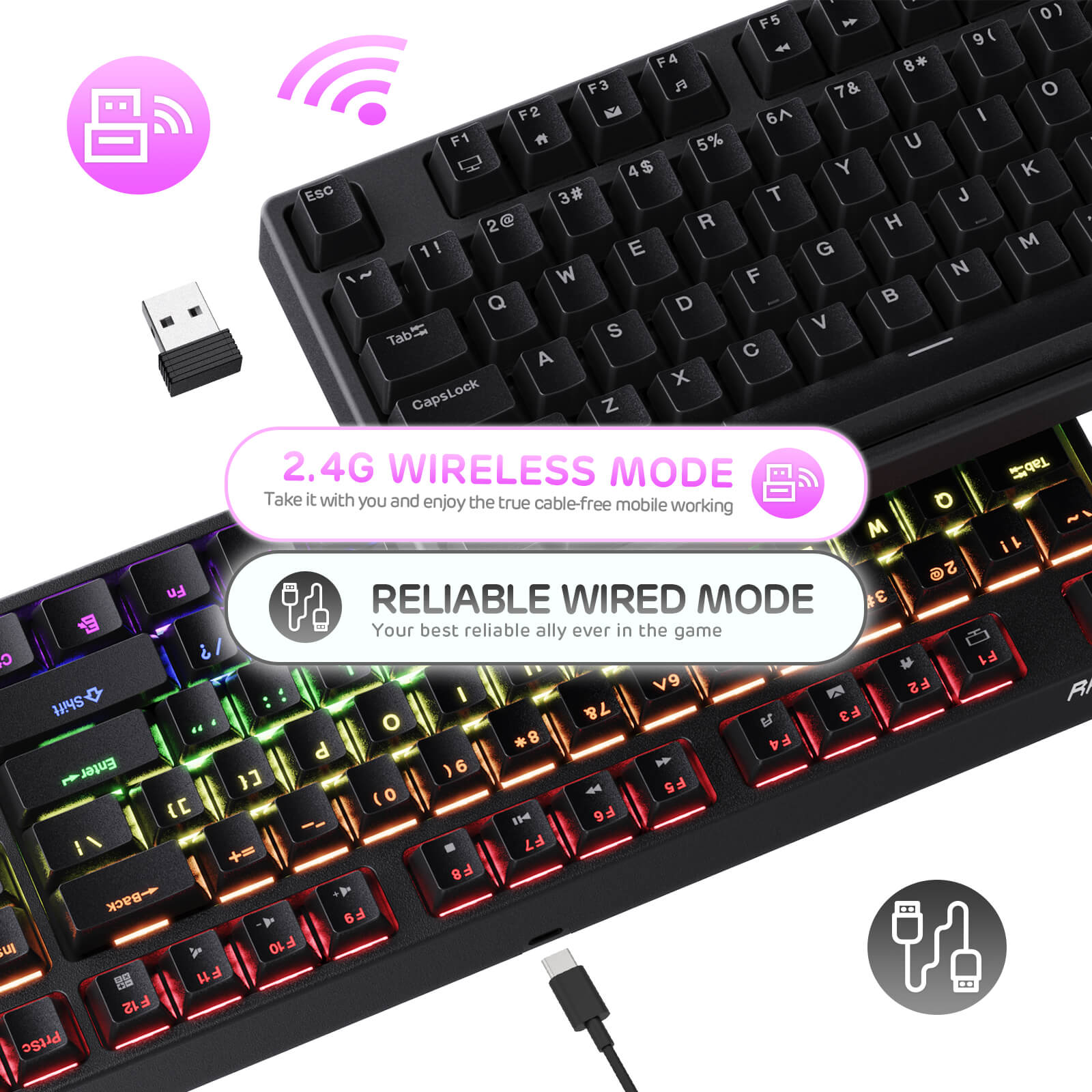 RK87 Tenkeyless Mechanical Keyboard with Dual-Mode Connectivity: Wireless 2.4Ghz and Wired USB