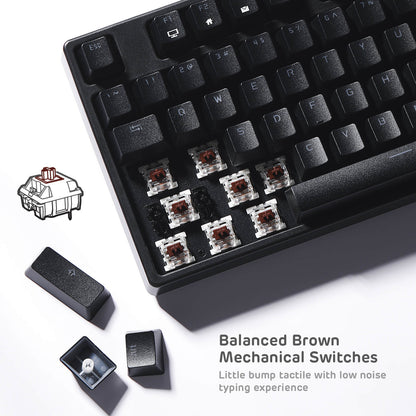 Close-up of Brown Mechanical Switches on RK87 TKL hot swappable Gaming Keyboard for Quiet and Tactile Typing