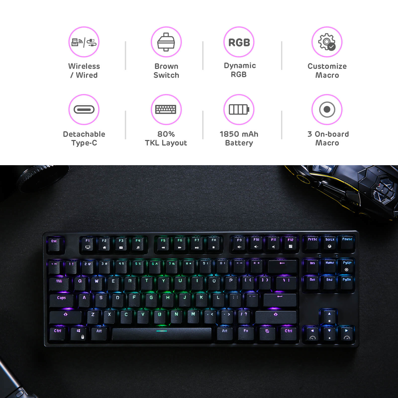 RK87 Wireless Mechanical Keyboard featuring dynamic RGB lighting, brown switches, 80% TKL layout with 1850 mAh battery, detachable Type-C cable, and customizable macros