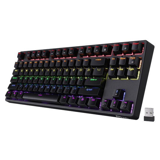 Black RK87 Tenkeyless TKL Wireless Mechanical Gaming Keyboard Front View with RGB Backlighting