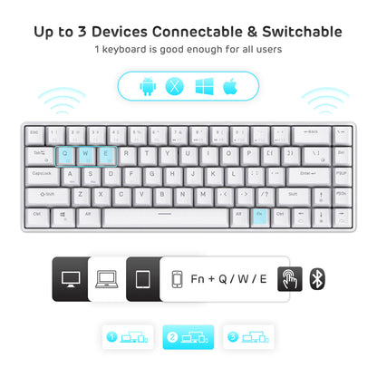 Royal Kludge RK68 white wireless gaming keyboard highlighting its ability to connect and switch between up to three devices, compatible with Android, macOS, Windows, and iOS