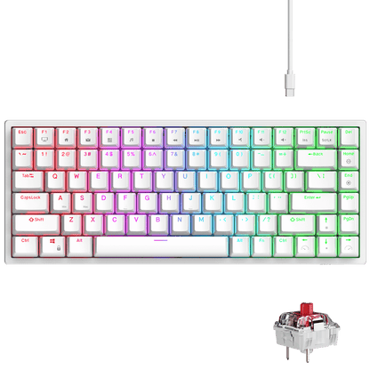 RK ROYAL KLUDGE RK84 Wired RGB 75% Hot Swappable Mechanical Keyboard, 84 Keys Tenkeyless TKL Gaming Keyboard w/Programmable Software and High-Capacity Battery, RK Red Switch white