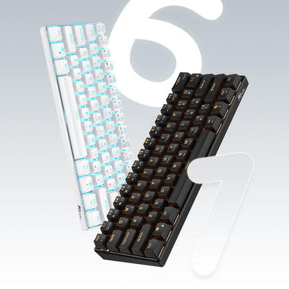 best budget 60 keyboard Royal Kludge RK61 60% mechanical keyboard, featuring a white backlit version on the left and a black and gold backlit version on the right, showcasing its compact design and vibrant LED lighting, ideal for gaming and office use