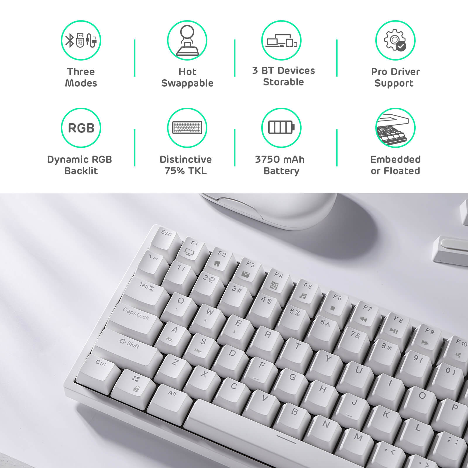 Overview of RK84 75 percent keyboard features including three modes, hot-swappable keys, storage for three Bluetooth devices, pro driver support, dynamic RGB backlighting, distinctive 75% TKL layout, 3750 mAh battery, and options for embedded or floated keycaps