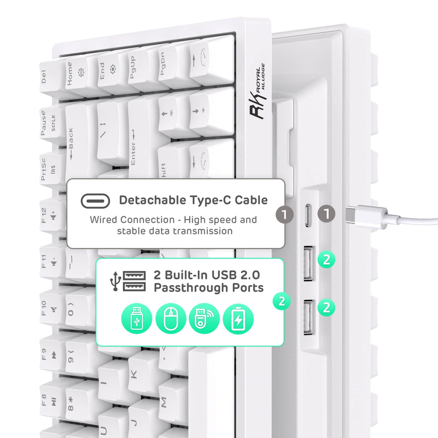 75 hotswap keyboard RK84 White keyboard featuring a detachable Type-C cable for wired connections, highlighting high-speed and stable data transmission, along with two built-in USB 2.0 passthrough ports for easy connectivity