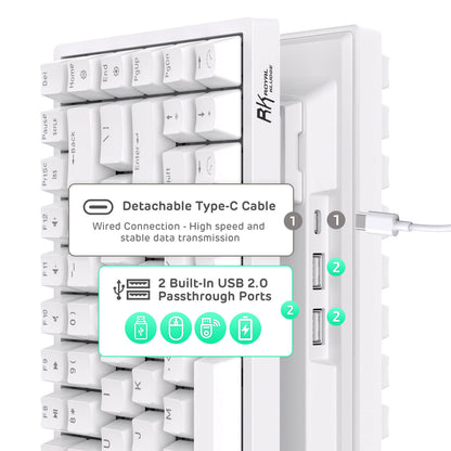 75 hotswap keyboard RK84 White keyboard featuring a detachable Type-C cable for wired connections, highlighting high-speed and stable data transmission, along with two built-in USB 2.0 passthrough ports for easy connectivity