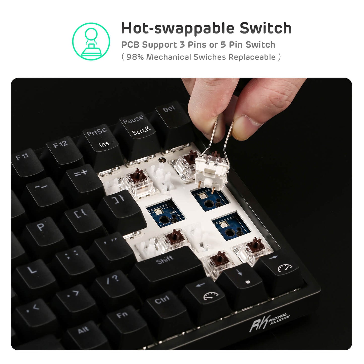 Royal Kludge RK84 75% compact keyboard demonstrating its hot-swappable switches, allowing for easy replacement of 3-pin or 5-pin mechanical switches